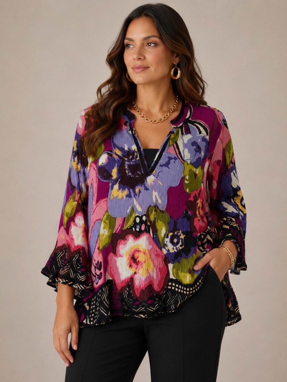 Christopher & Banks Floral V-Neck 3/4 Sleeve Top